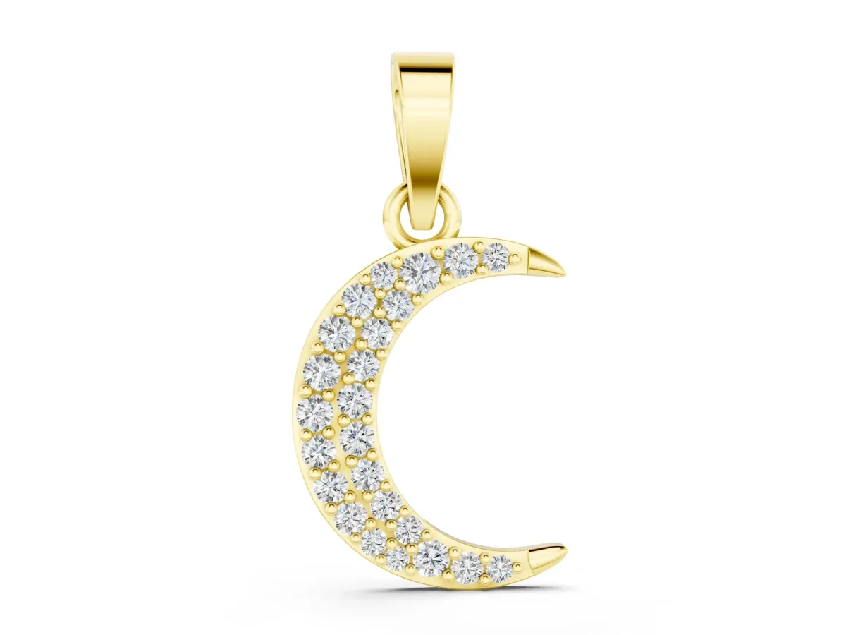 Pavé Round Diamond Crescent Pendant with Four-Prong Setting Yellow gold