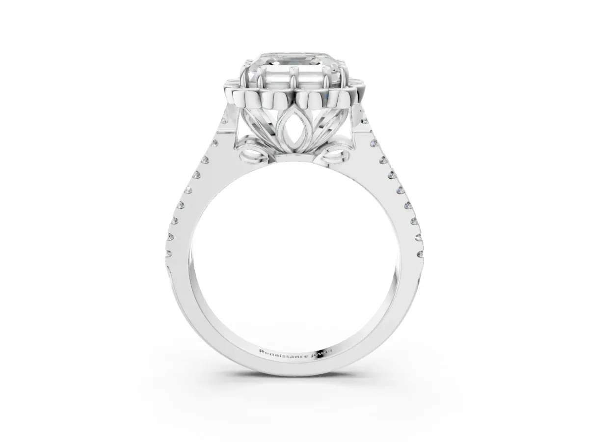 Asscher Cut Halo Diamond Floral Split Shank Engagement Ring Platinum