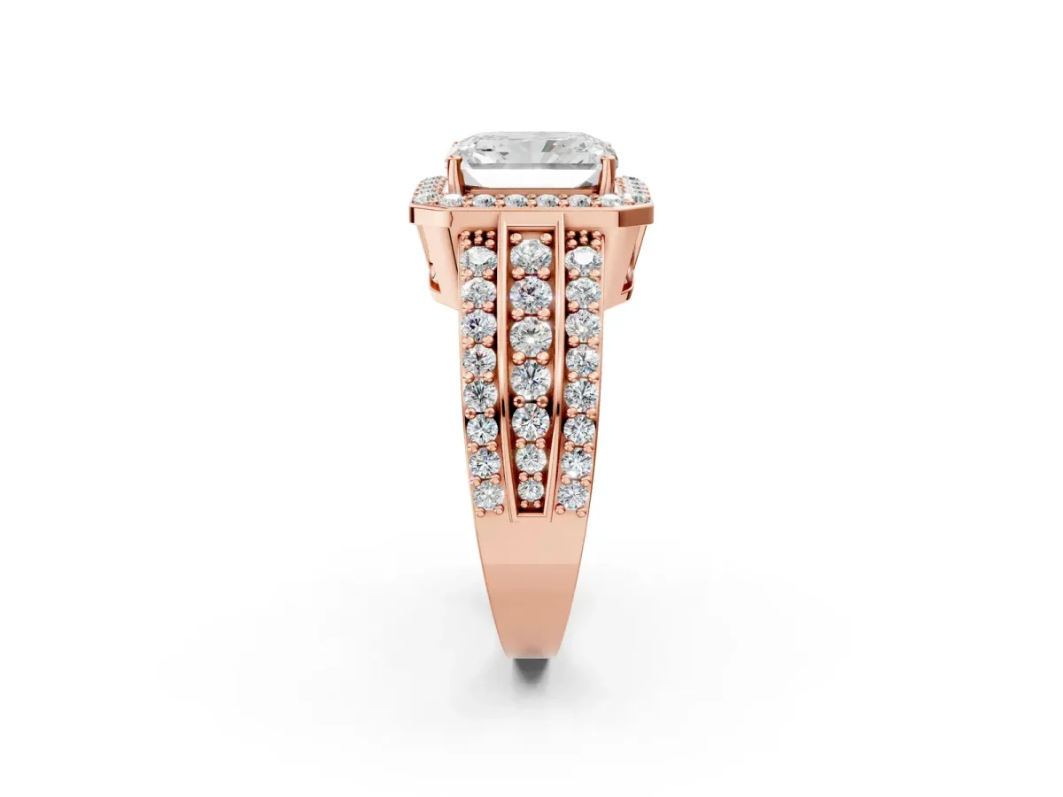 Radiant Cut Halo Diamond Ring with Round Split Shank and Prong Setting Rose gold