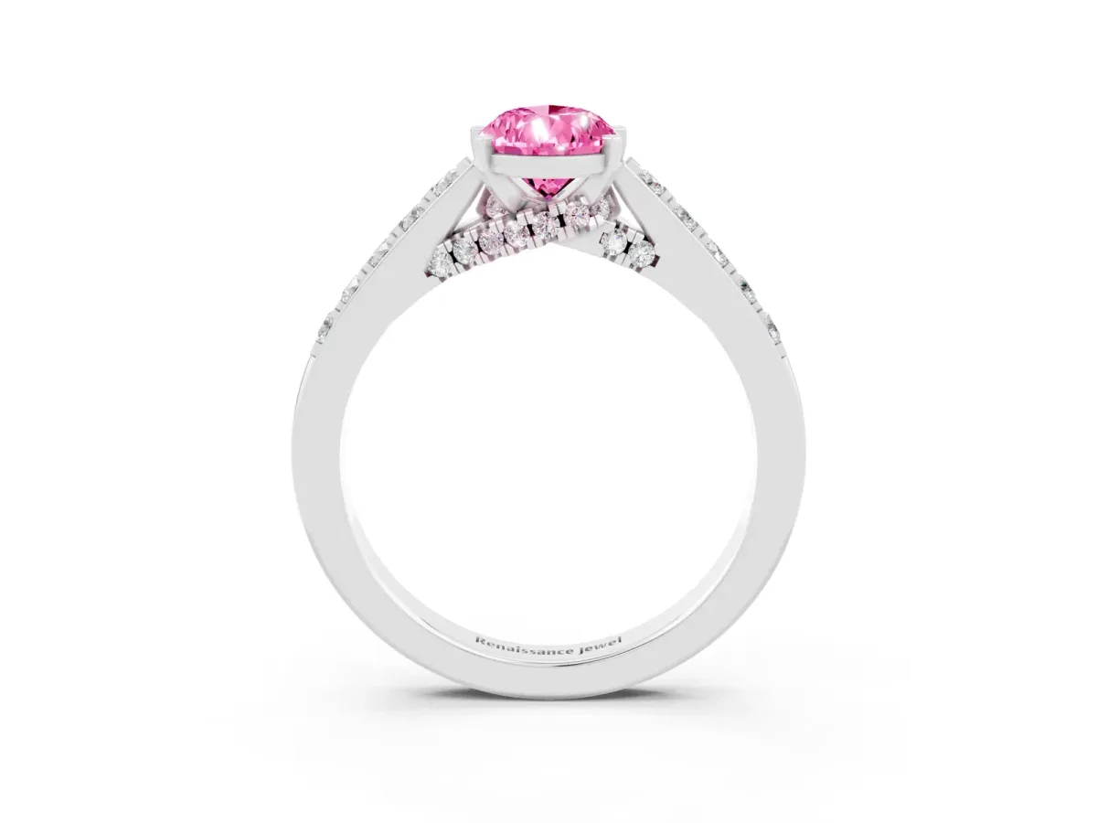 Pear Cut Pink Sapphire Solitaire Ring with Crossover Gallery and Round Pavé Band Silver