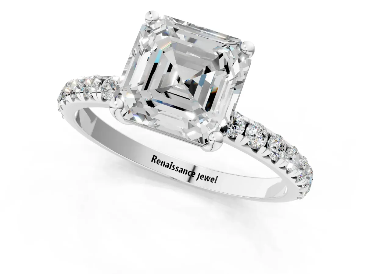 Asscher Cut Cut Diamond Solitaire Ring with Micro Pave Band and Four Prong Setting Platinum