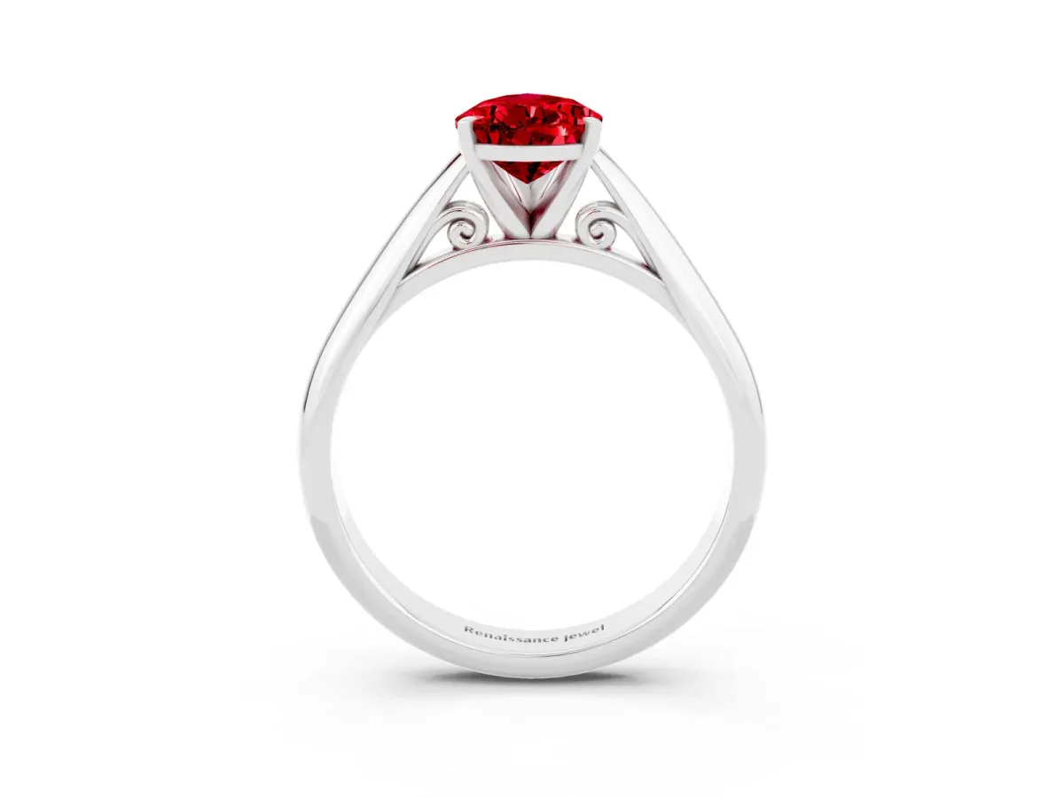 Pear Cut Ruby Solitaire Engagement Ring with Cathedral Setting and Four-Prong Mount White gold