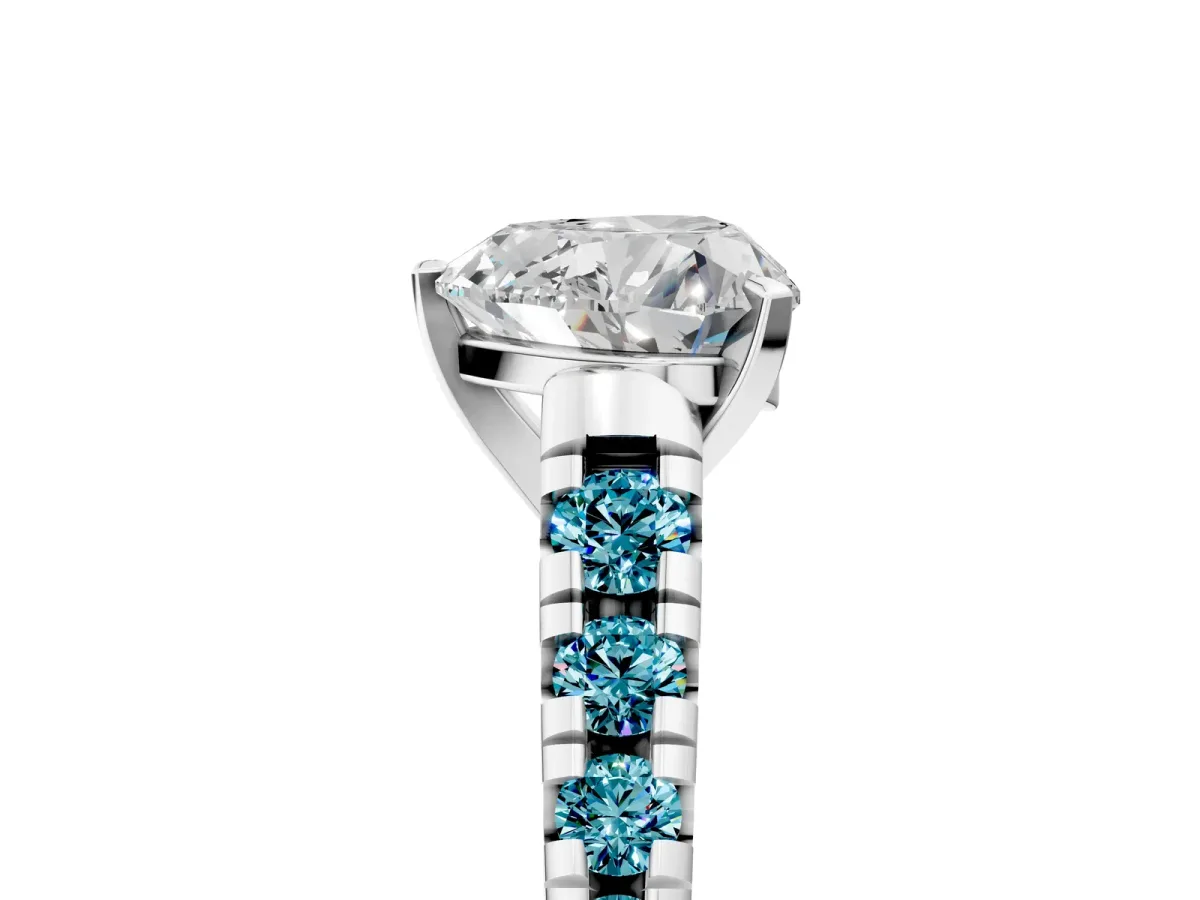 Heart Cut Diamond Cathedral Solitaire Ring with Round Blue Topaz Pavé Band Silver