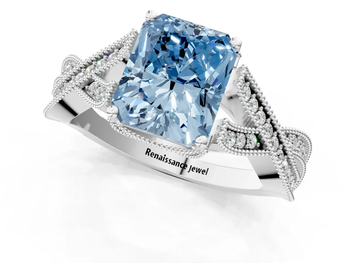 Fancy Blue Radiant Cut Cut Diamond Twisted Band with Milgrain Pave Setting and Four-Prong Setting Platinum