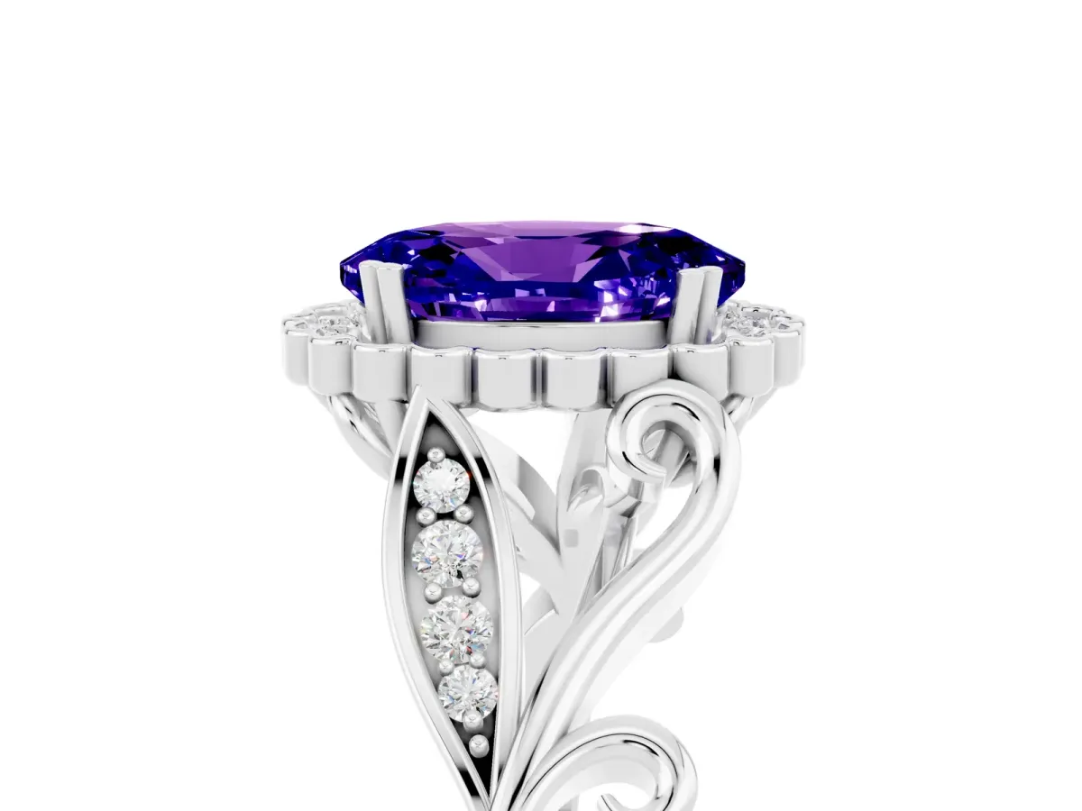 Oval Cut Tanzanite Halo Ring with Vintage Split Shank and Four-Prong Setting Silver