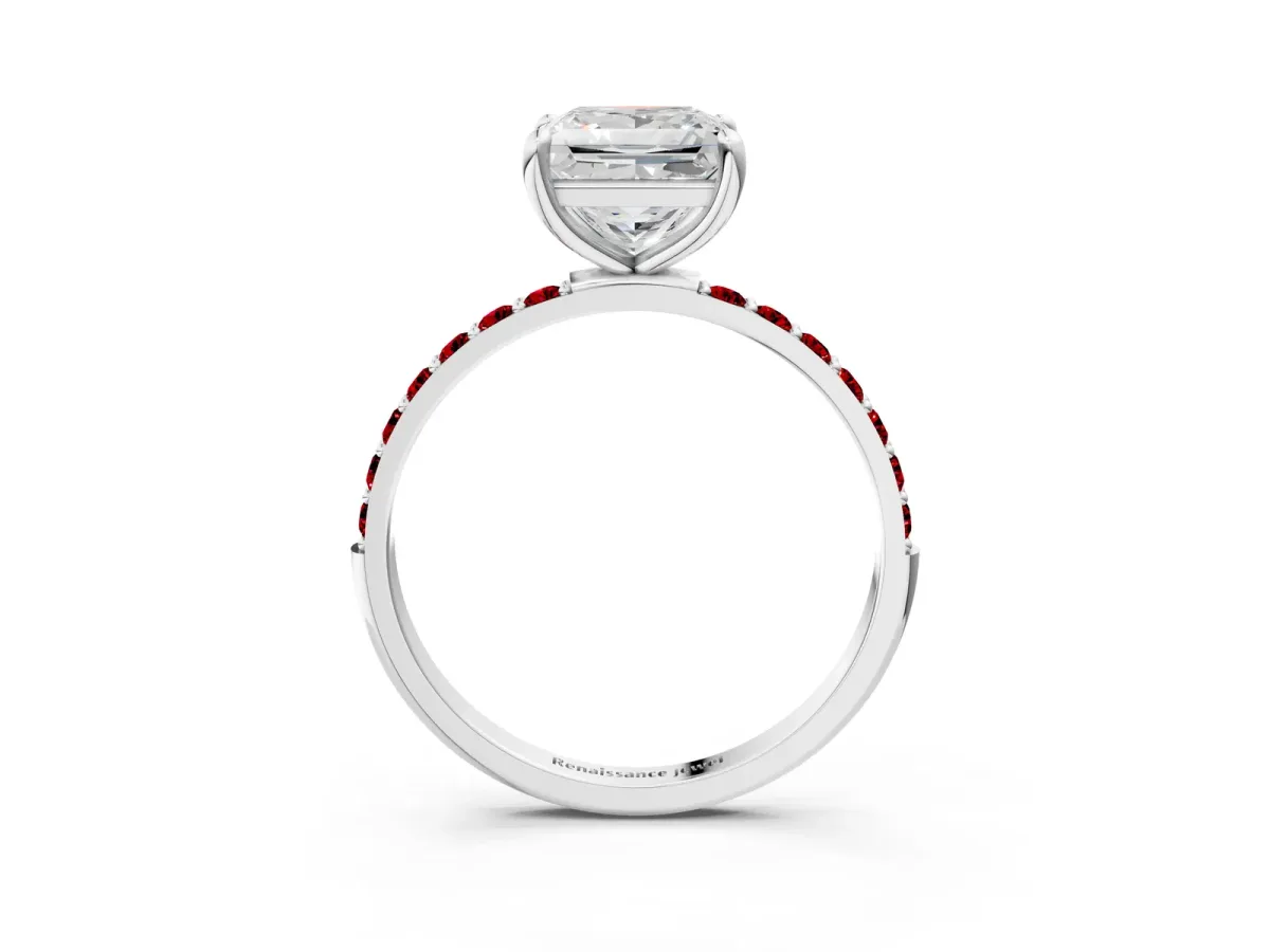 Princess Cut Diamond Solitaire Ring with Round Ruby Pavé Band and Prong Setting Silver