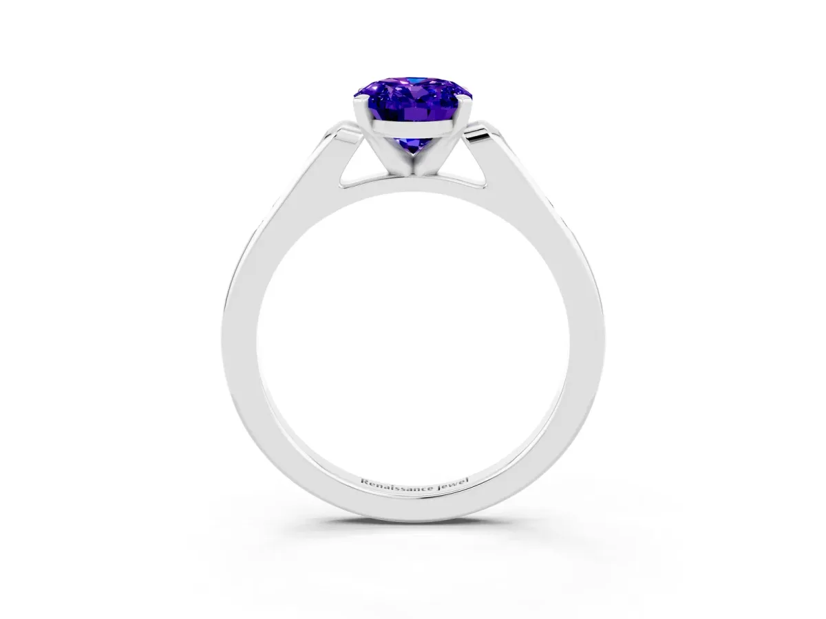 Oval Cut Tanzanite Solitaire Ring with Channel Set Round Band and Prong Setting Silver