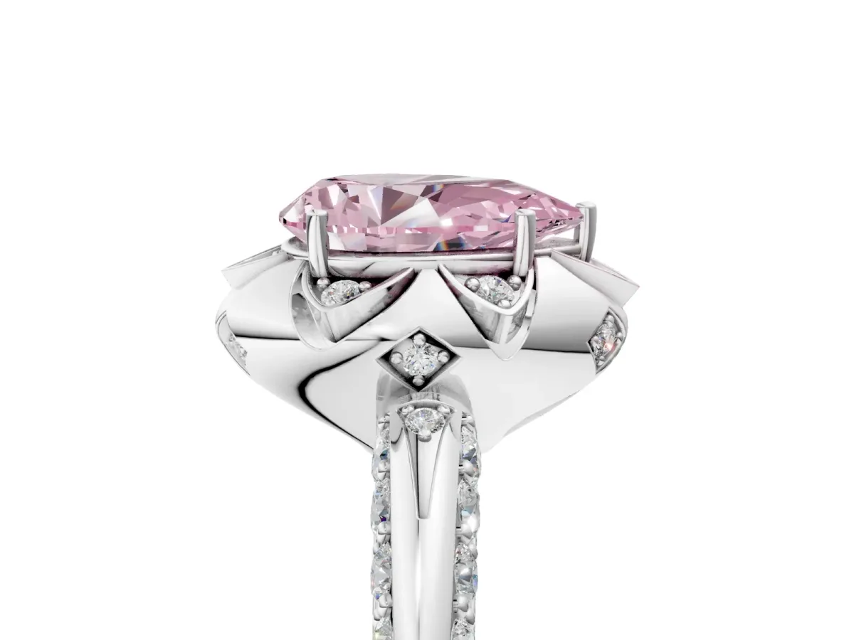 Fancy Pink Pear Cut Halo Split Shank Pave Diamond Ring with Petal Prong Setting Platinum