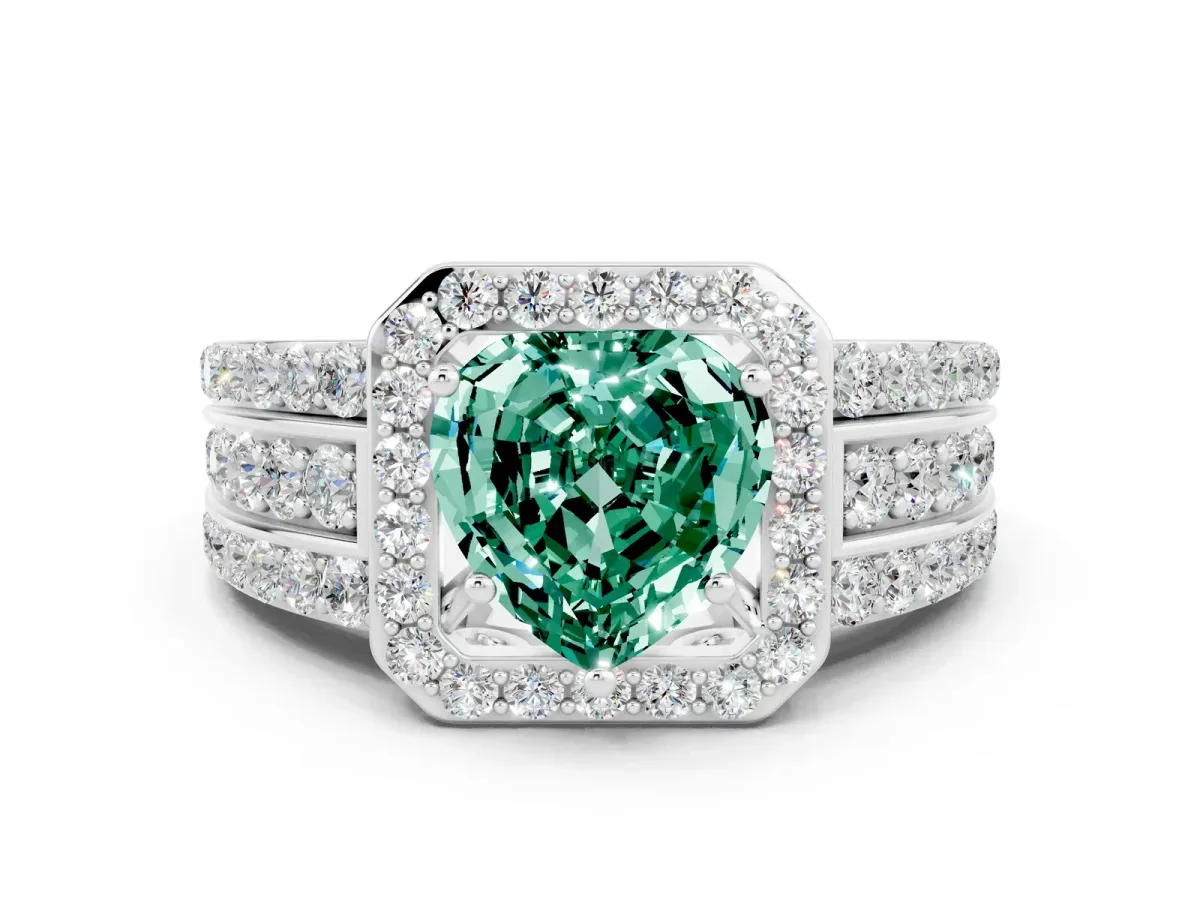 Heart Cut Halo Green Sapphire Ring with Round Split Shank and Prong Setting Silver