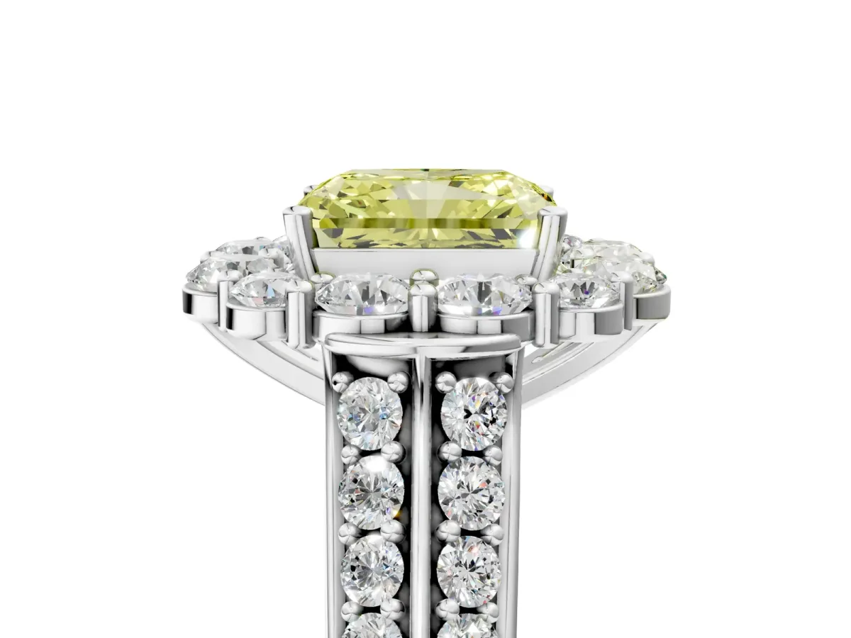 Fancy Yellow Radiant Cut Halo Diamond Engagement Ring with Split Shank and Prong Setting Platinum