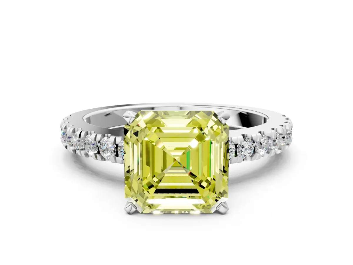 Fancy Yellow Asscher Cut Solitaire Diamond with Pavé Band and Four-Prong Setting Silver