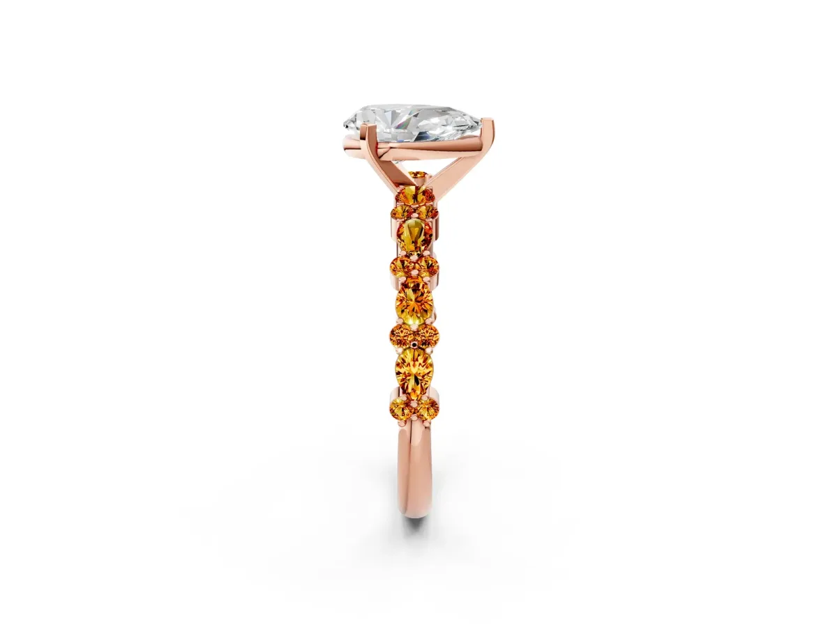 Pear Cut Diamond Side Stone Solitaire Ring with Round Citrine and Four-Prong Setting Rose gold