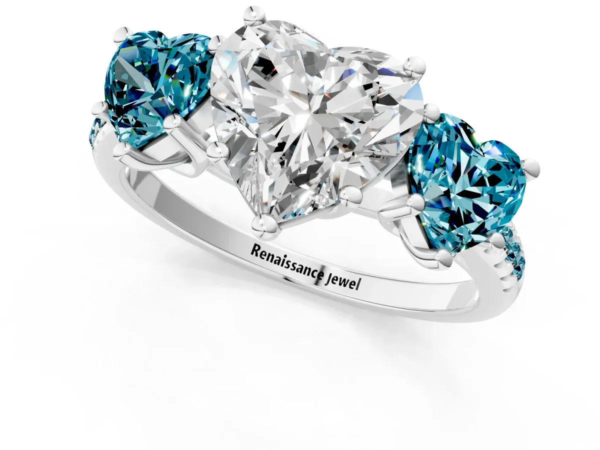 Three-Stone Heart Cut Diamond Ring with Round Blue Topaz Pavé Band and Prong Setting Silver