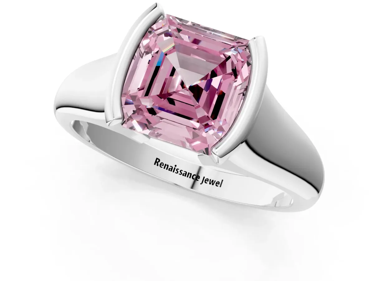 Fancy Pink Asscher Cut Solitaire Tension Set Diamond Ring with Split Shank Band Platinum