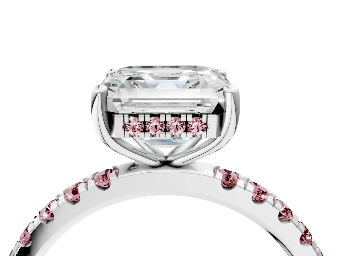 Asscher Cut Diamond Pave Band Solitaire Ring with Round Morganite and Prong Setting Silver