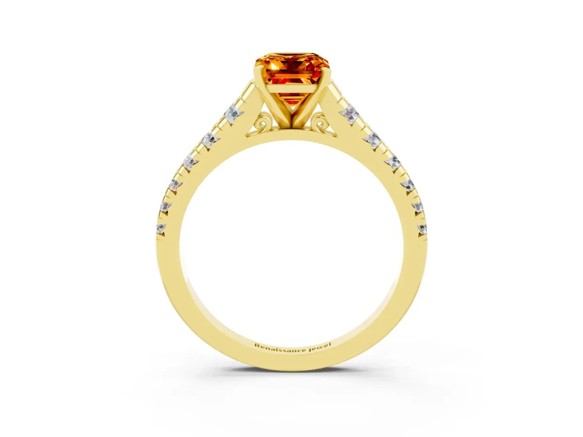 Emerald Cut Citrine Cathedral Solitaire Ring with Round Pavé Band Yellow gold