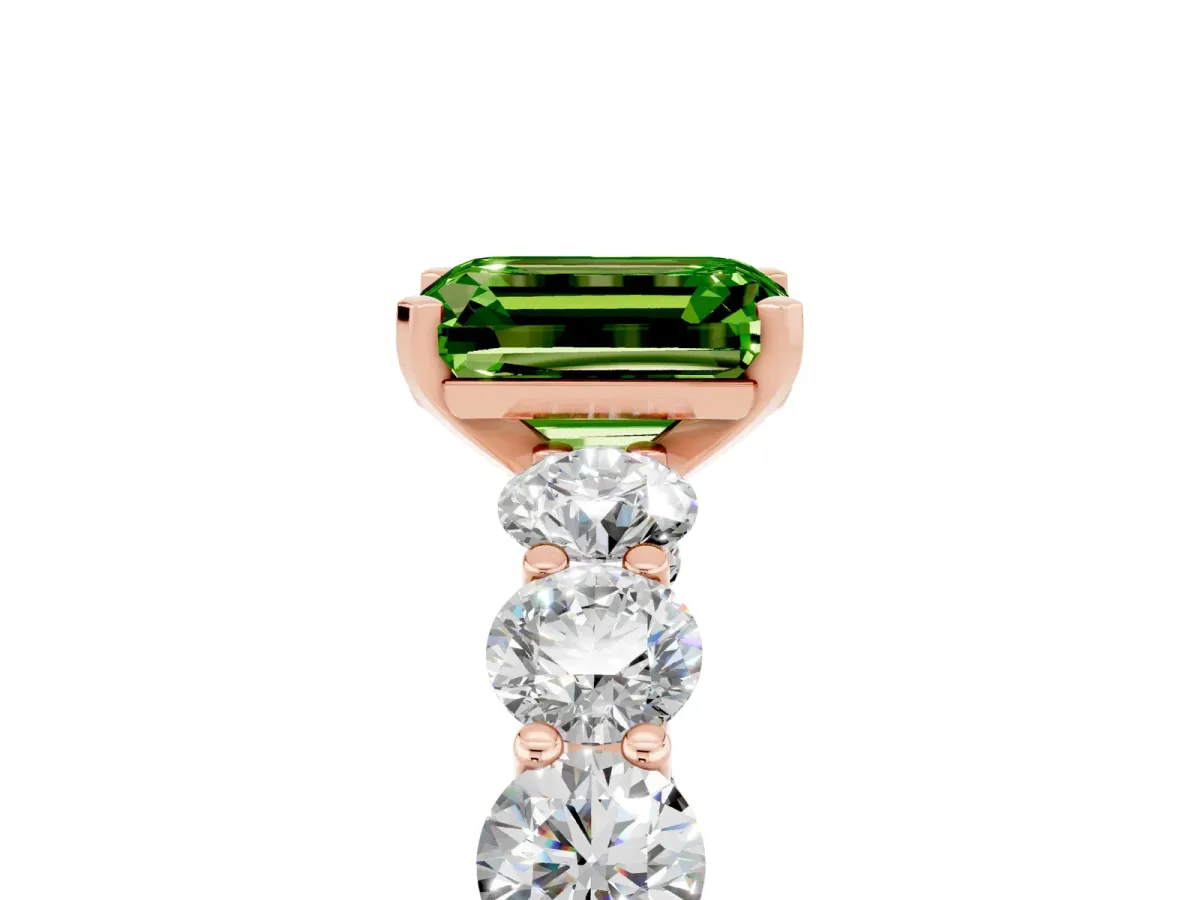 Emerald Cut Peridot Prong Setting with Side Stones on a Pave Band Rose gold