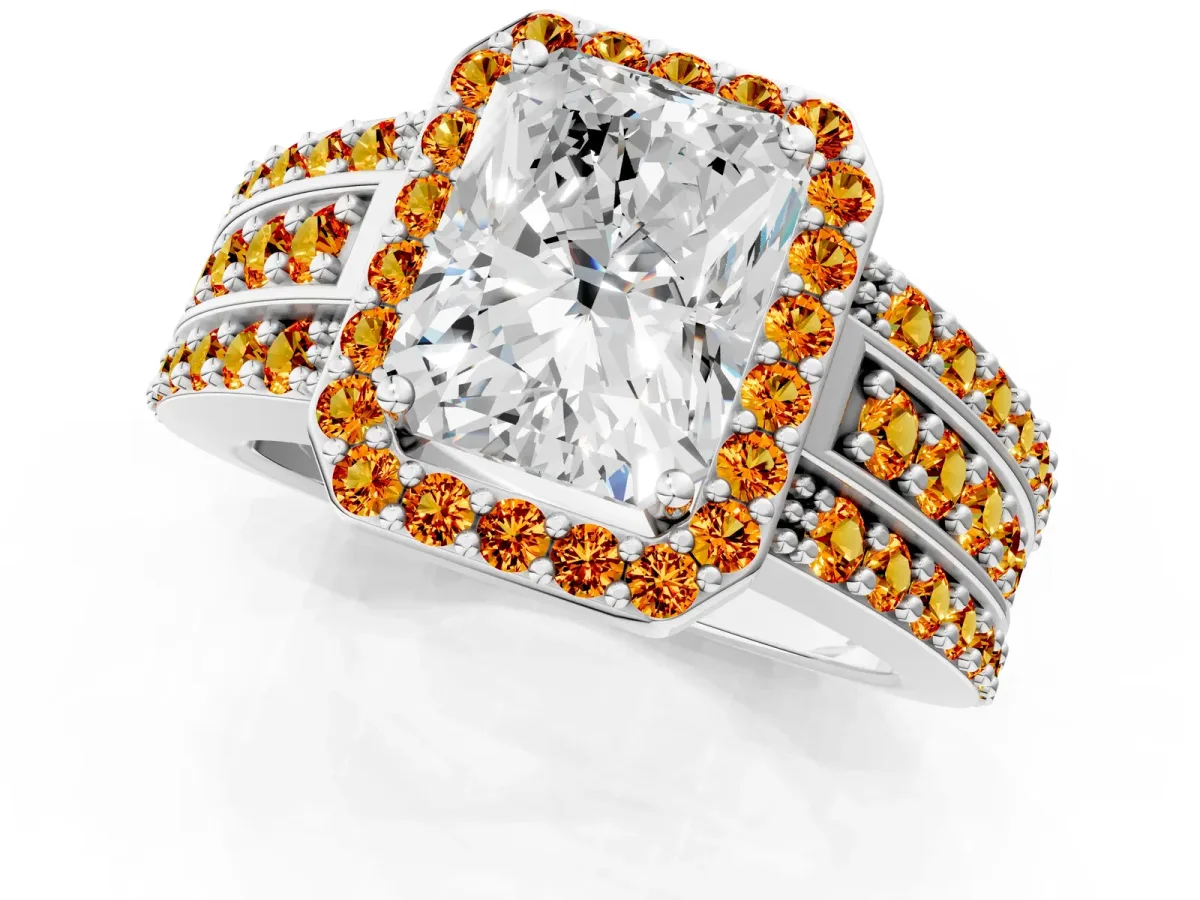 Radiant Cut Halo Diamond Ring with Round Citrine Split Shank and Prong Setting Platinum
