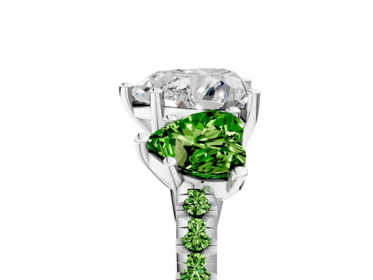 Three-Stone Heart Cut Diamond Ring with Round Peridot Pavé Band and Prong Setting Silver