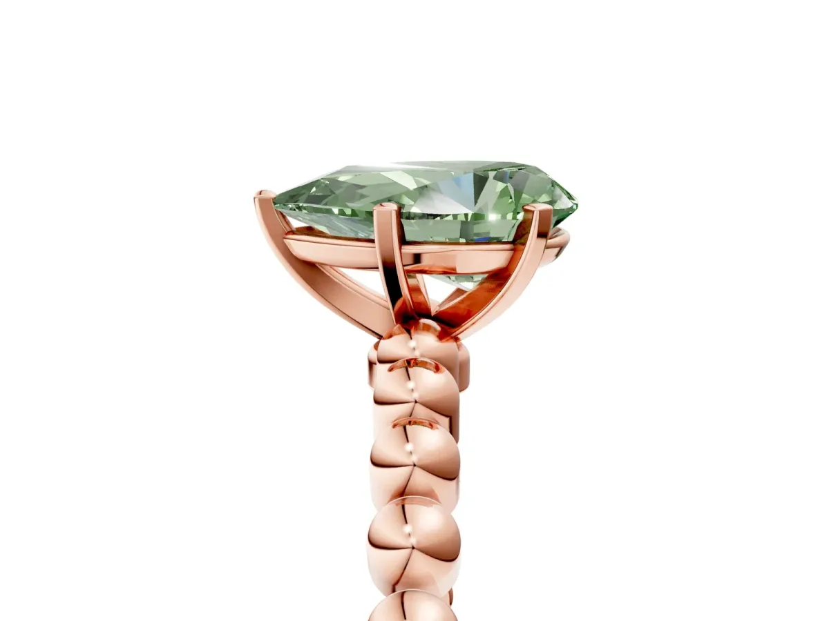 Fancy Green Pear Cut Diamond Solitaire Ring with Beaded Band and Prong Setting Rose gold