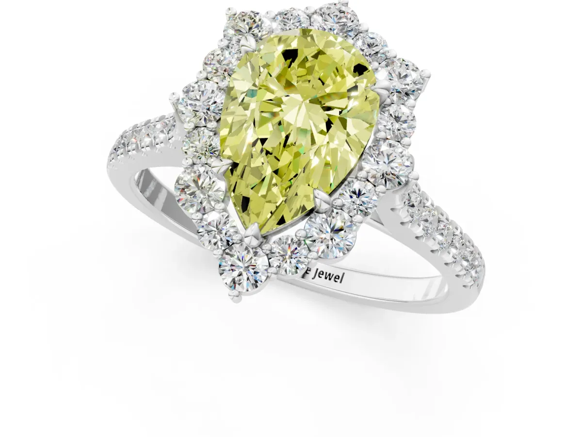 Fancy Yellow Pear Cut Halo Diamond Ring with Pavé Band and Prong Setting Silver