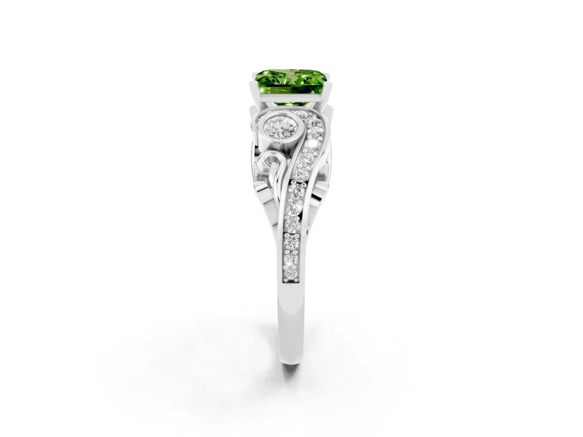 Princess Cut Peridot Solitaire Ring with Milgrain Pavé Band and Four-Prong Setting Silver