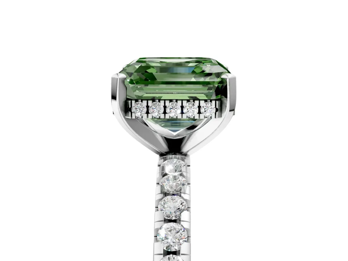 Fancy Green Asscher Cut Diamond Solitaire Ring with Round Pavé Band and Four-Prong Setting Silver