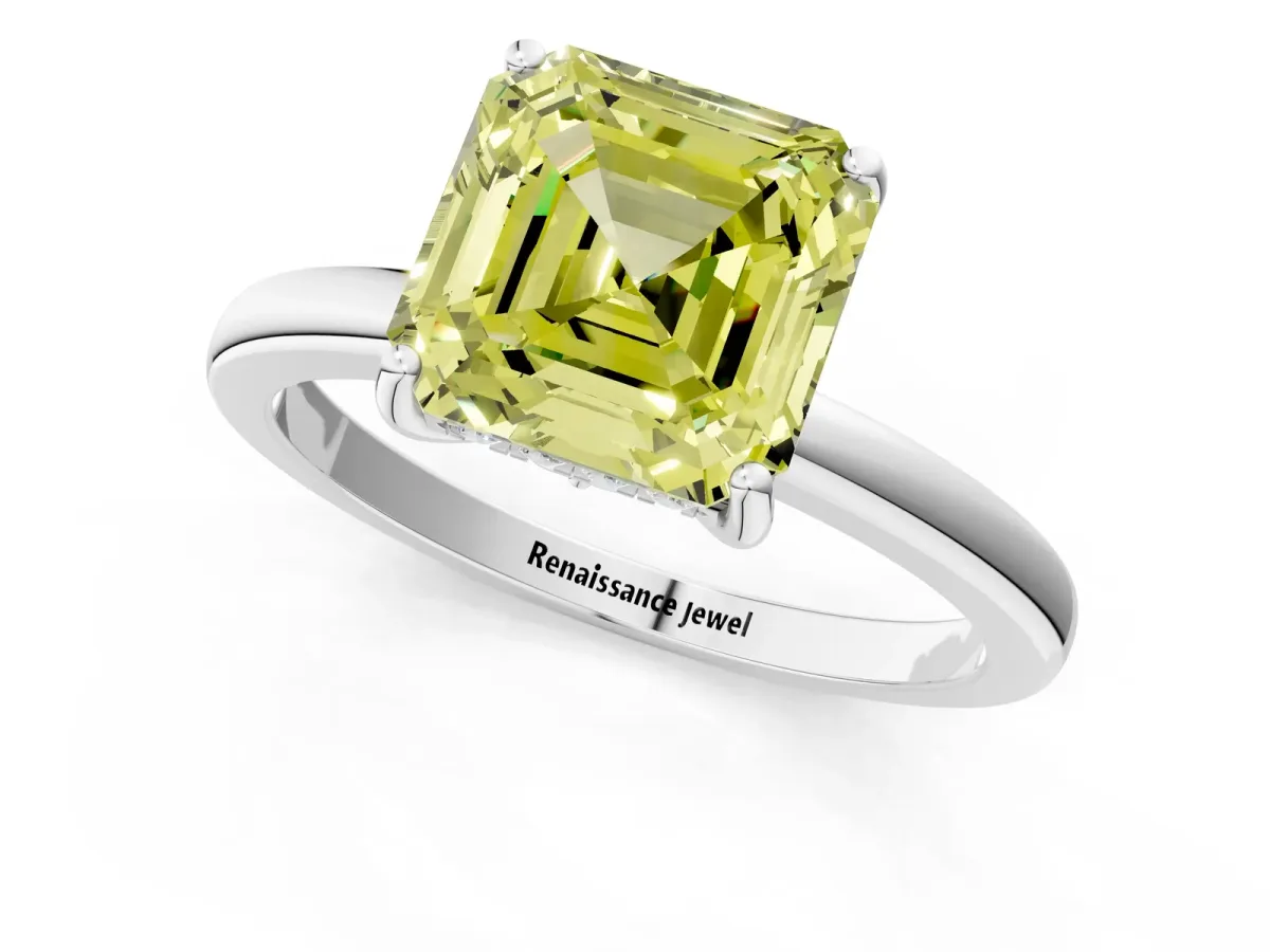 Fancy Yellow Asscher Cut Solitaire Diamond Ring with Prong Setting and Plain Band Silver