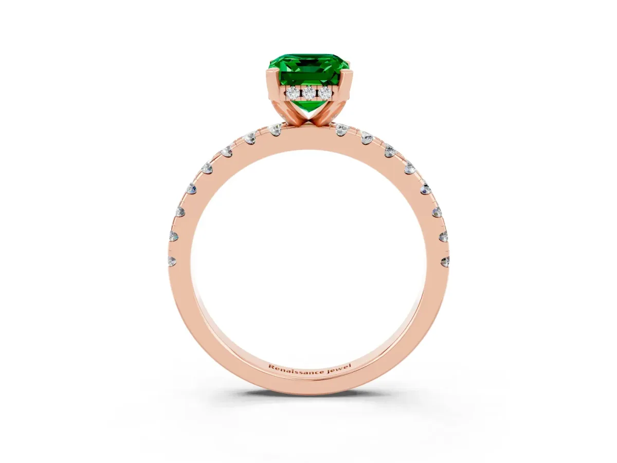 Emerald Cut Emerald Solitaire Ring with Round Pavé Band and Four-Prong Setting Rose gold