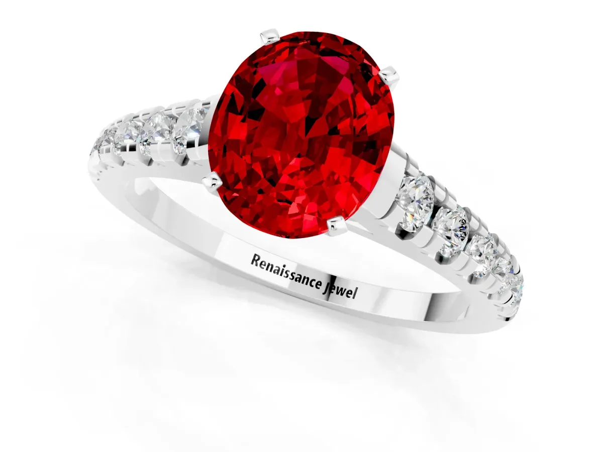 Oval Cut Ruby Cathedral Solitaire Ring with Round Pavé Band Platinum