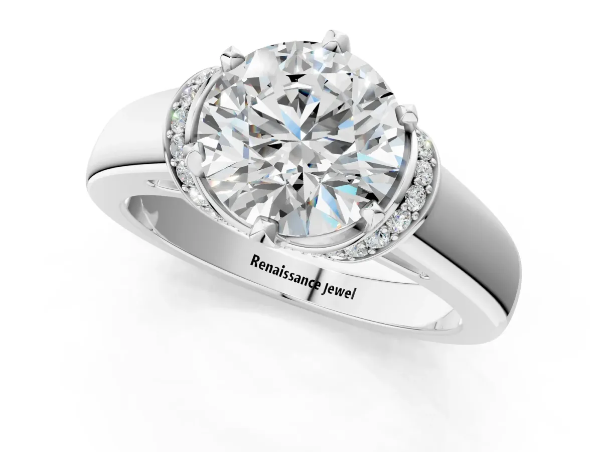 Round Cut Solitaire Diamond Ring with Pave Band and Six-Prong Setting Silver