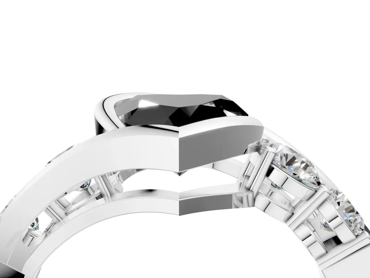 Fancy Black Bezel Set Heart Cut Diamond Bypass Ring with Round Accents Silver