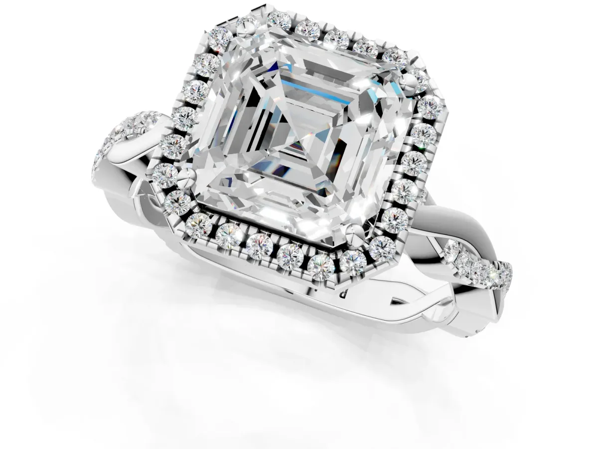 Asscher Cut Cut Halo Twisted Band Four-Prong Ring Platinum