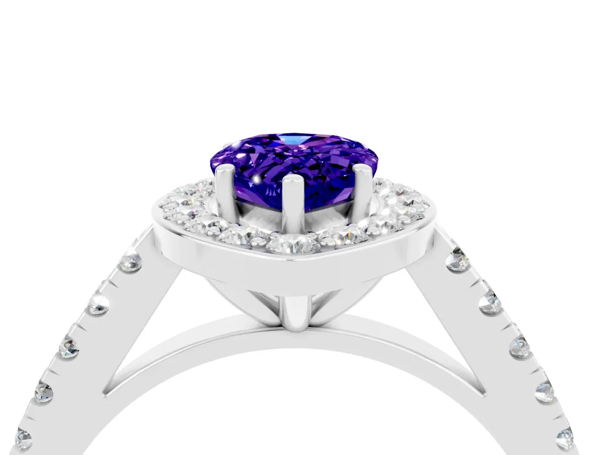 Pear Cut Tanzanite Halo Ring with Round Pavé Split Shank and Prong Setting Platinum