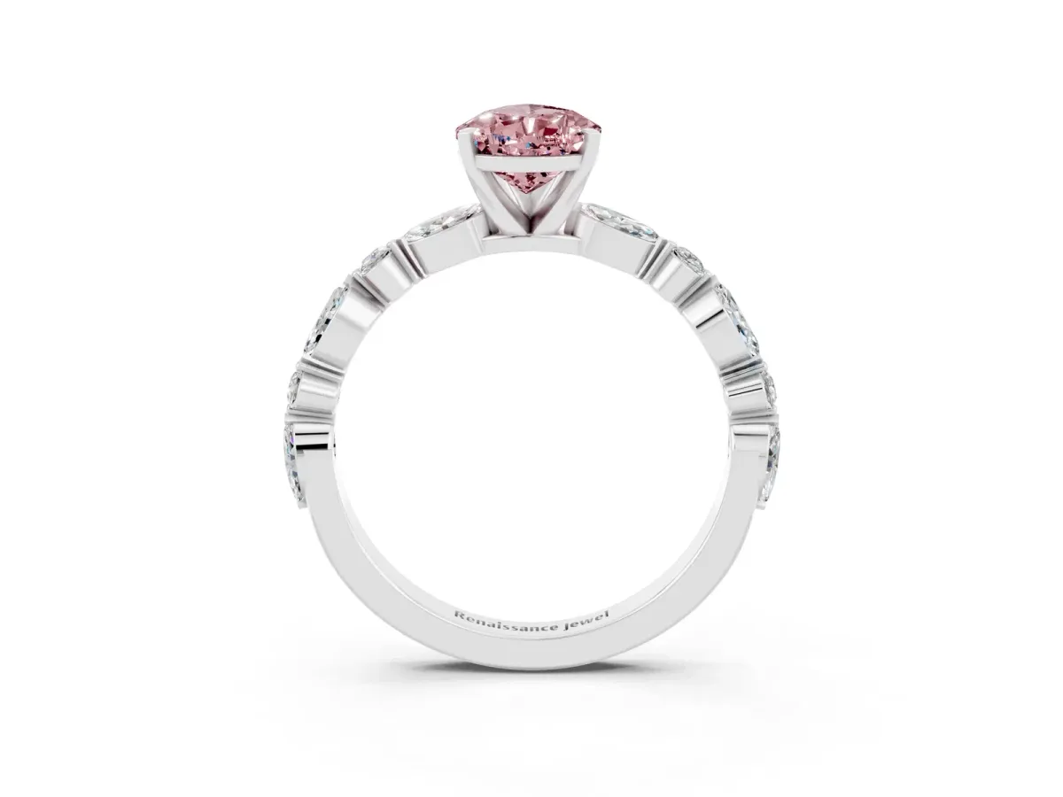 Pear Cut Morganite Ring with Marquise and Round Side Stones and Four-Prong Setting Silver