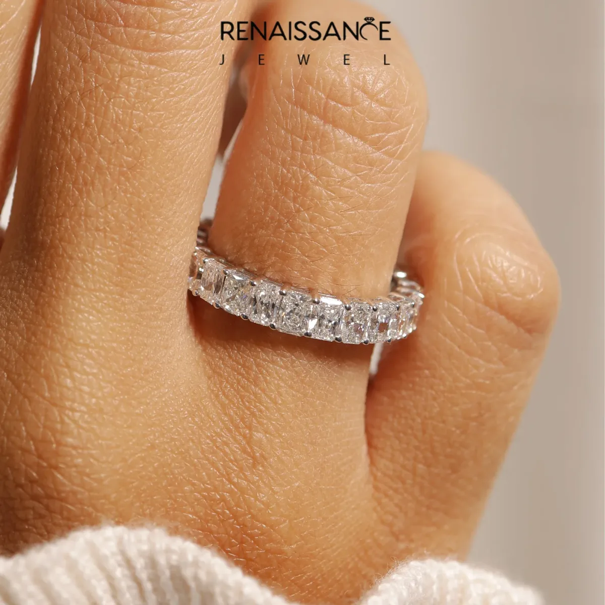 radiant Cut eternity band with shared prong setting White gold