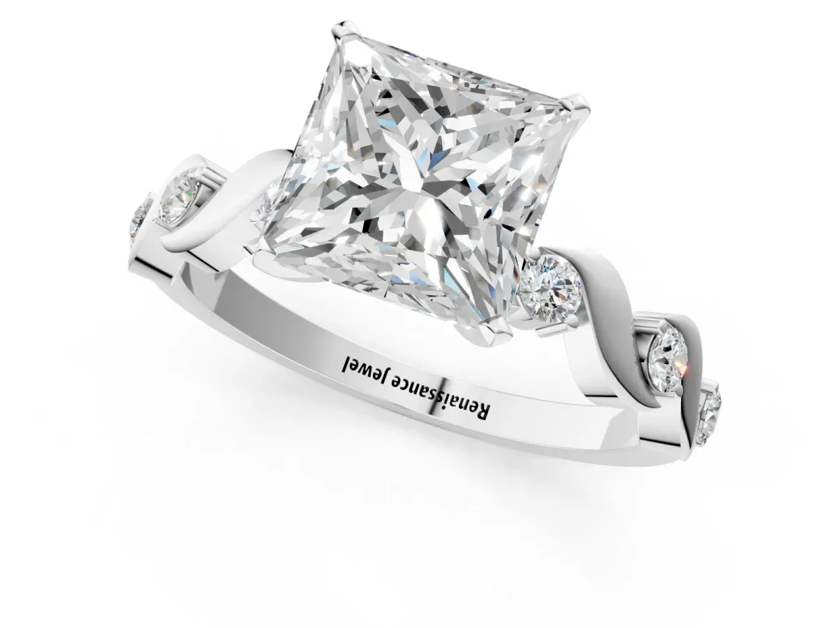 Princess Cut Diamond Solitaire Twisted Band with Round Accents and Prong Setting Silver