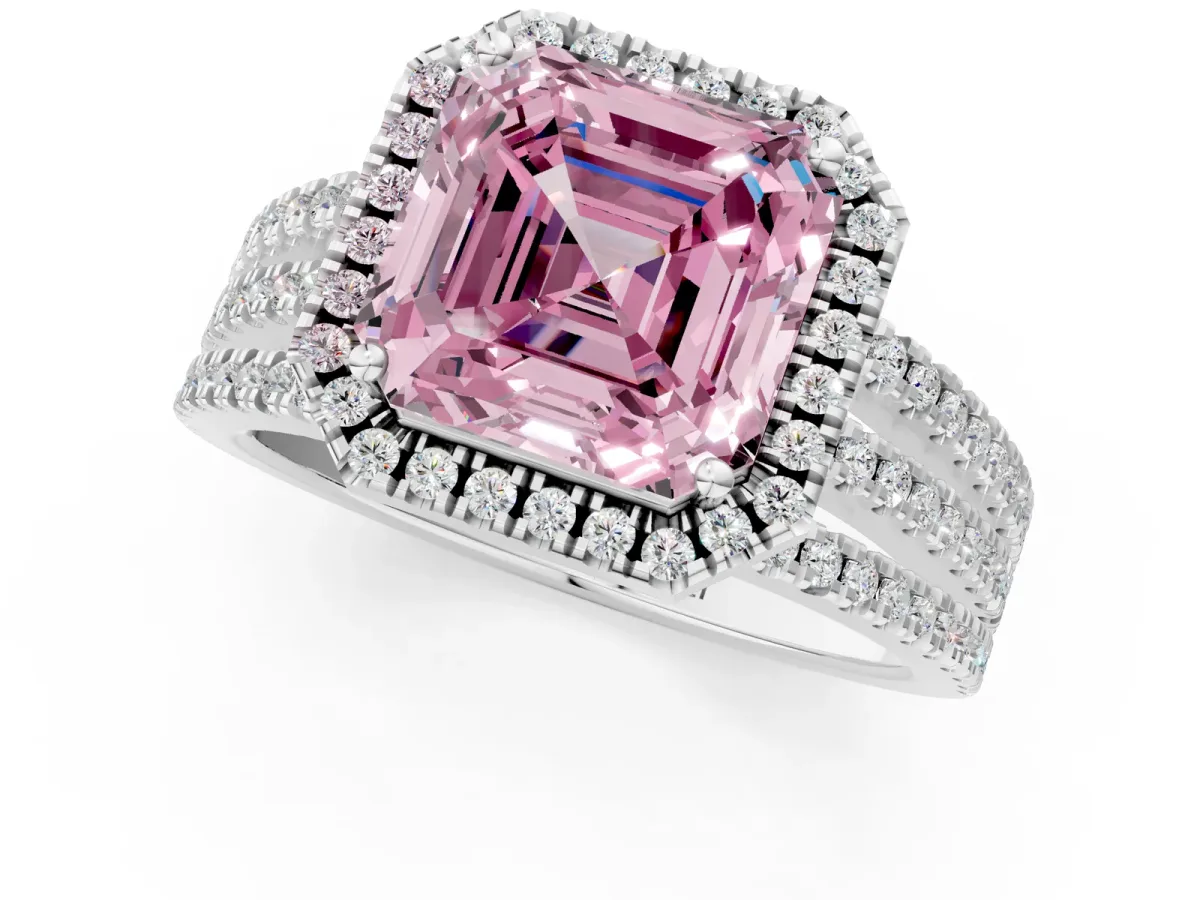 Fancy Pink Asscher Cut Diamond Halo Engagement Ring with Split Shank and Four-Prong Setting Platinum