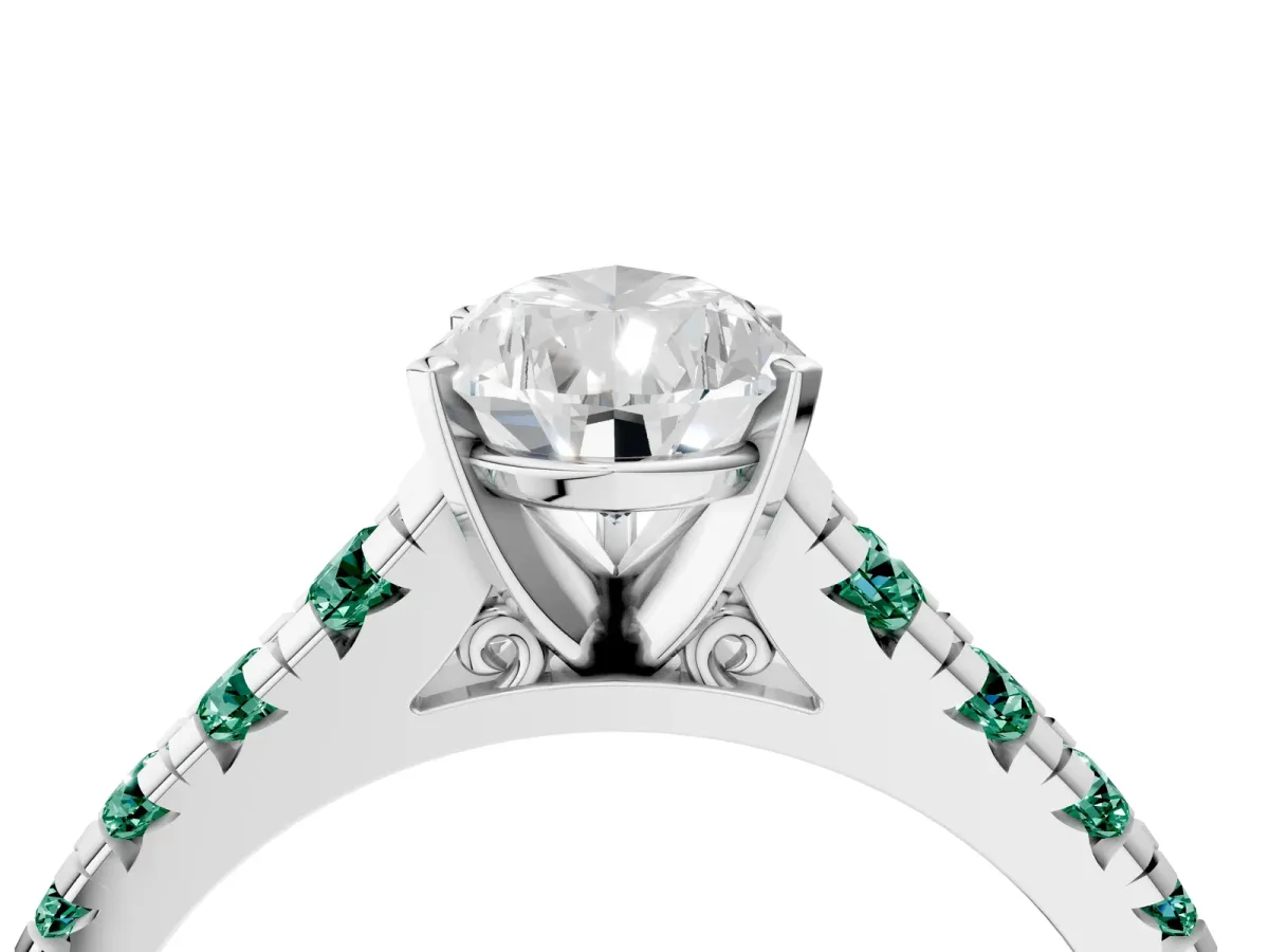 Pear Cut Diamond Cathedral Solitaire Ring with Round Green Sapphire Pavé Band Silver