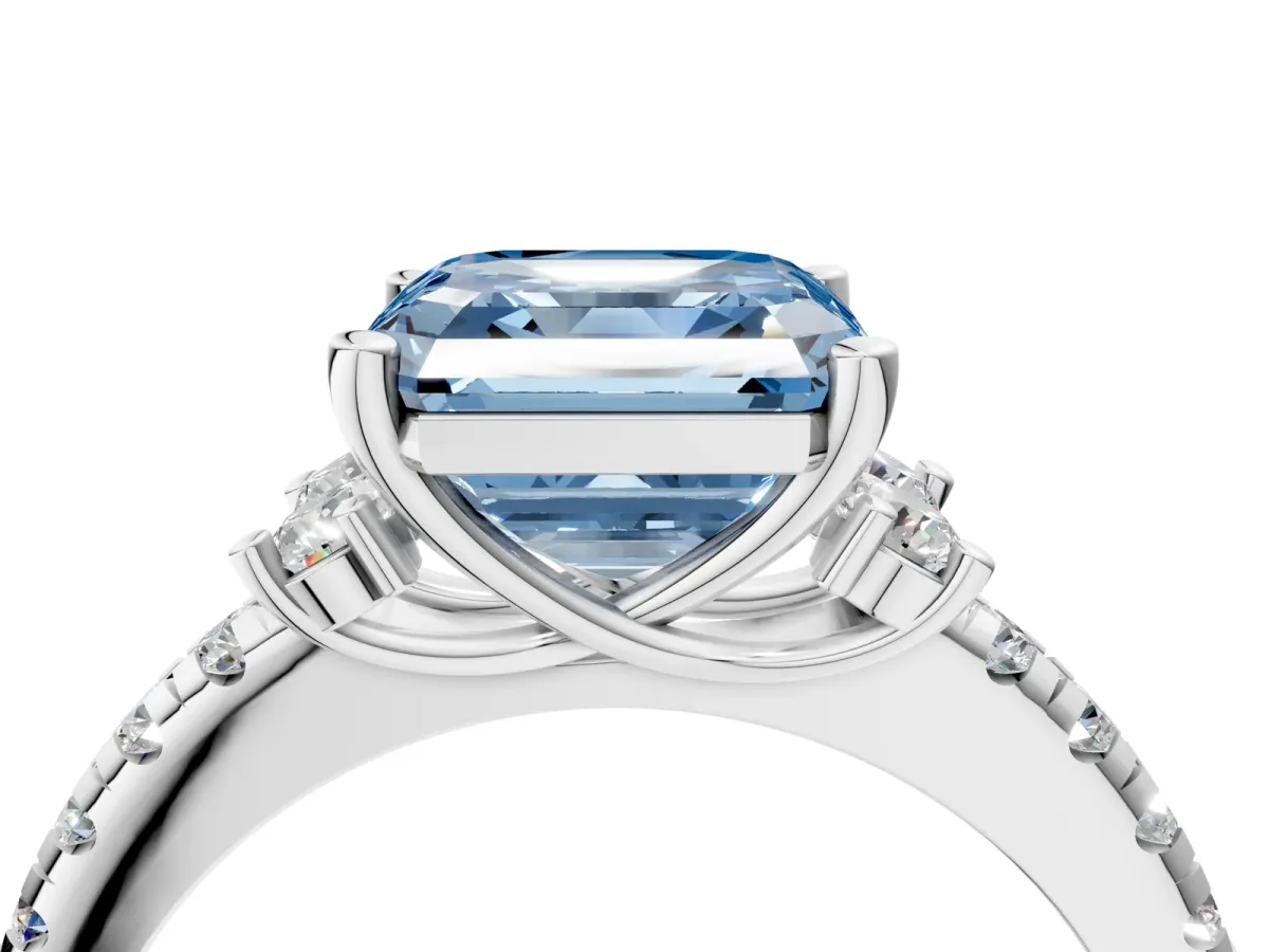 Fancy Blue Asscher Cut Diamond Three-Stone Pave Band with Four-Prong Setting Platinum