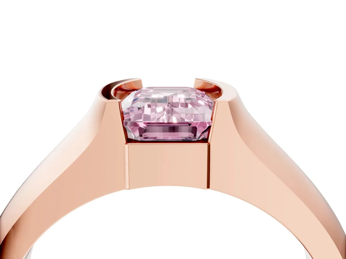 Fancy Pink Emerald Cut Solitaire Bezel Set Diamond Ring with Wide Band Rose gold