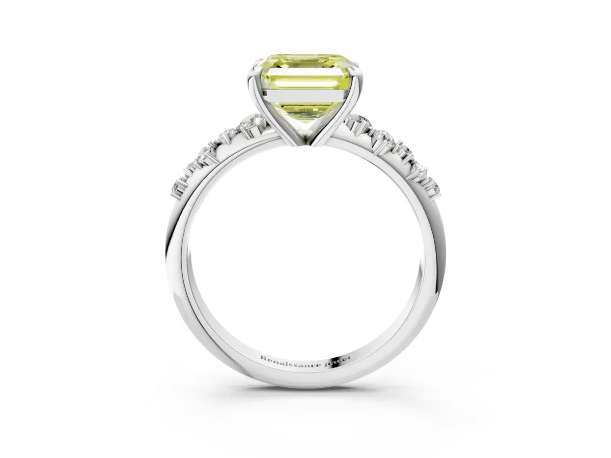 Fancy Yellow Asscher Cut Cut Diamond Vine Band with Four-Prong Setting Platinum