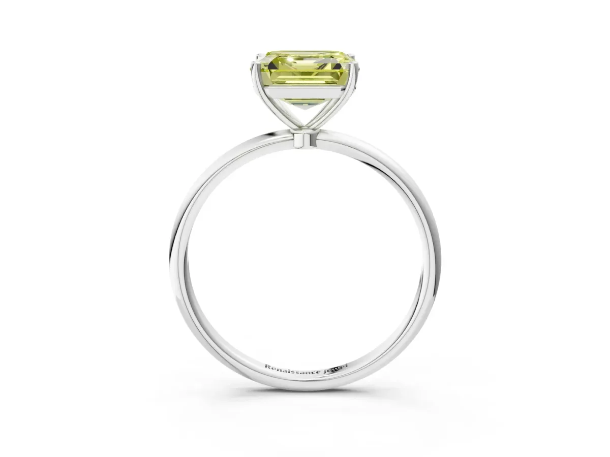 Fancy Yellow Asscher Cut Cut Solitaire Engagement Ring with Thin Band and Four-Prong Setting Platinum