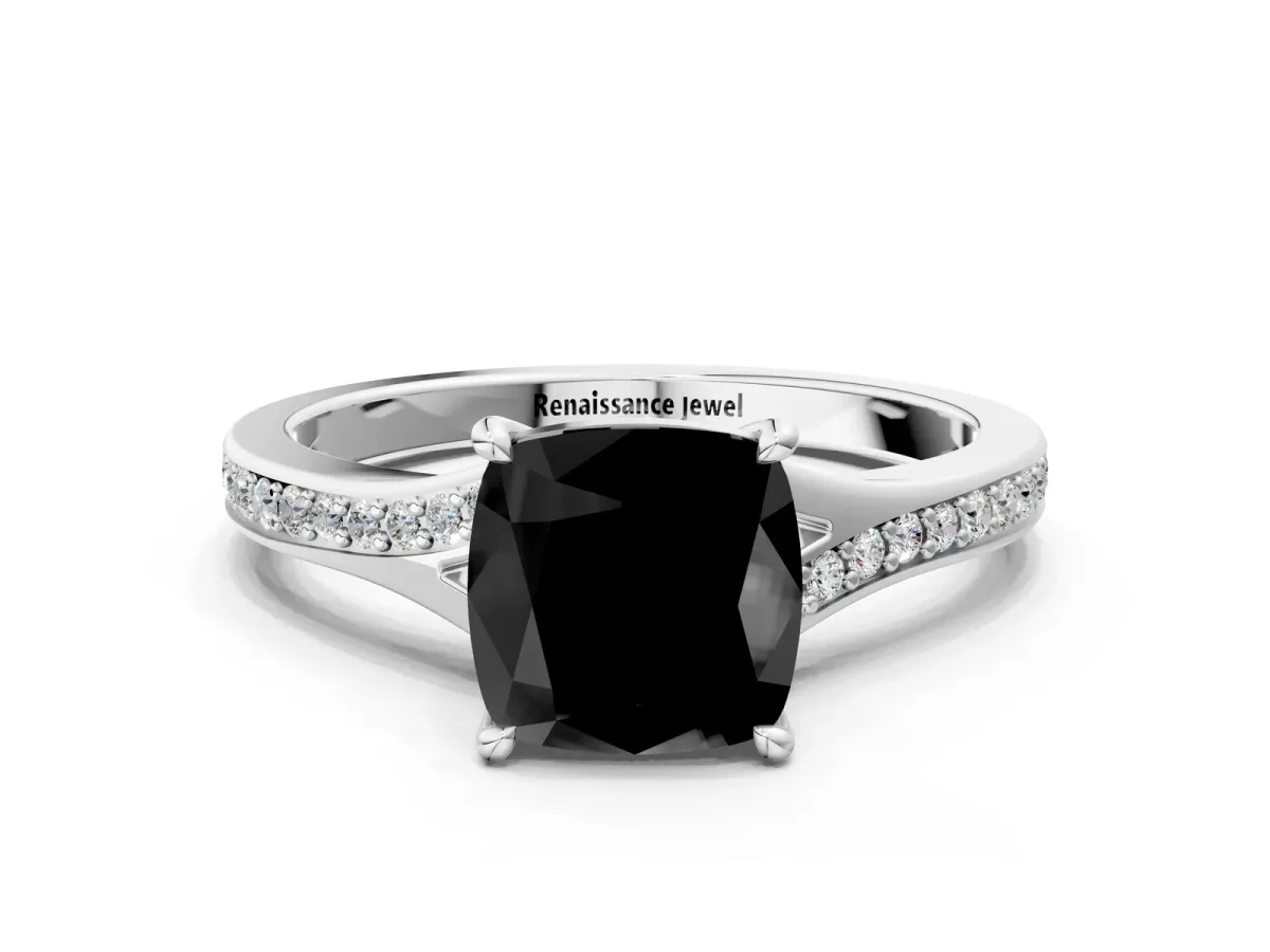 Fancy Black Cushion Cut Diamond Solitaire Ring with Pavé Band and Prong Setting Silver