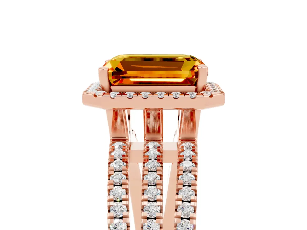 Emerald Cut Citrine Halo Engagement Ring with Split Shank and Four-Prong Setting Rose gold