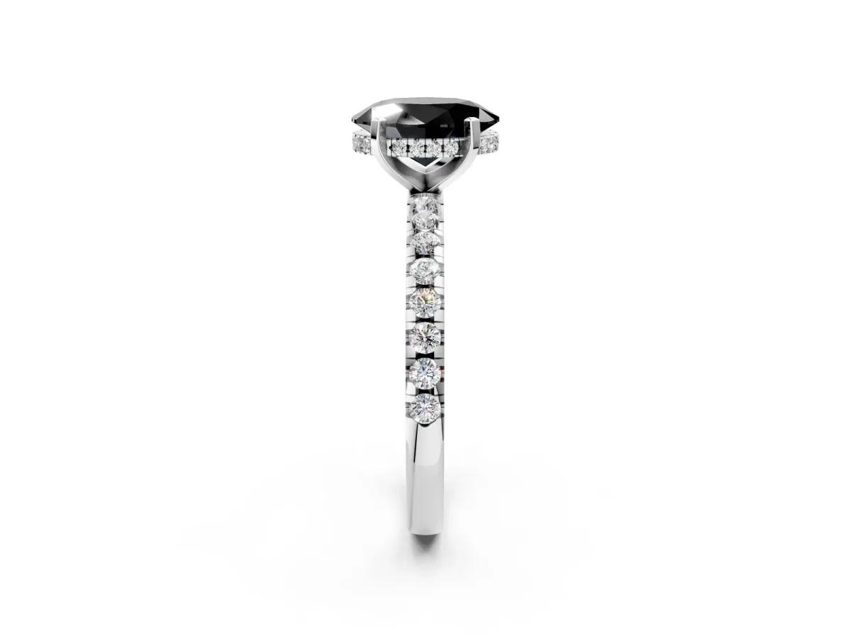 Fancy Black Oval Cut Diamond Solitaire Ring with Round Pavé Band and Four-Prong Setting Silver