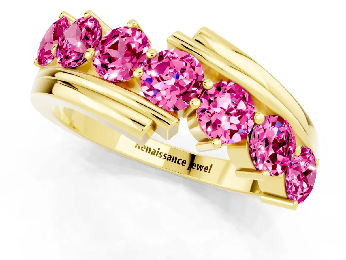 Round Pink Sapphire Wave Band with Channel and Shared Prong Setting Yellow gold