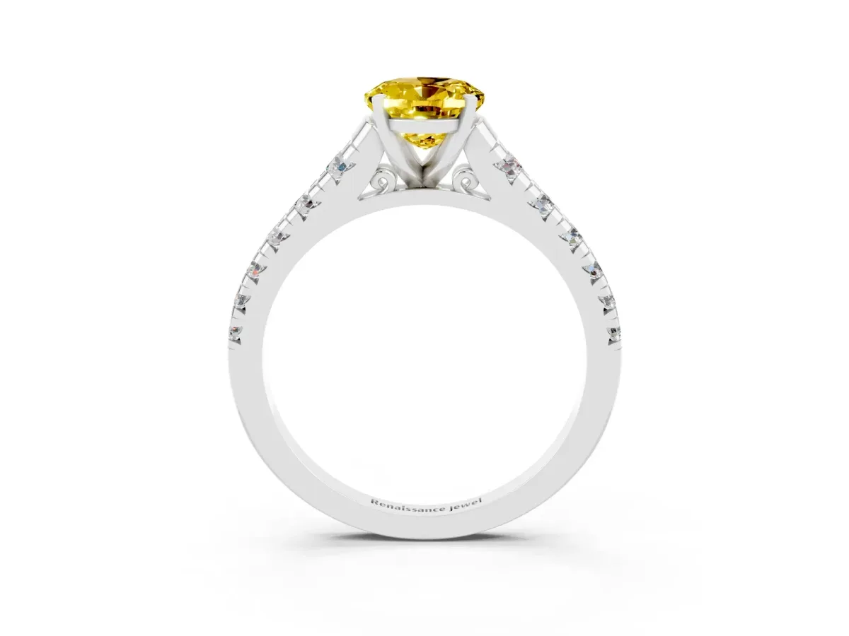 Oval Cut Yellow Sapphire Cathedral Solitaire Ring with Round Pavé Band Silver
