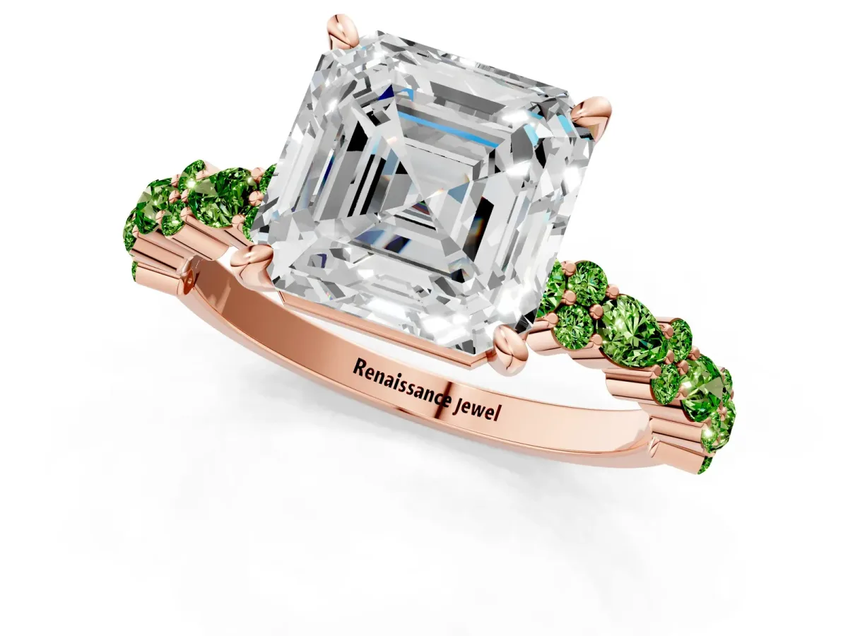 Asscher Cut Diamond Side Stone Solitaire Ring with Round Peridot and Four-Prong Setting Rose gold