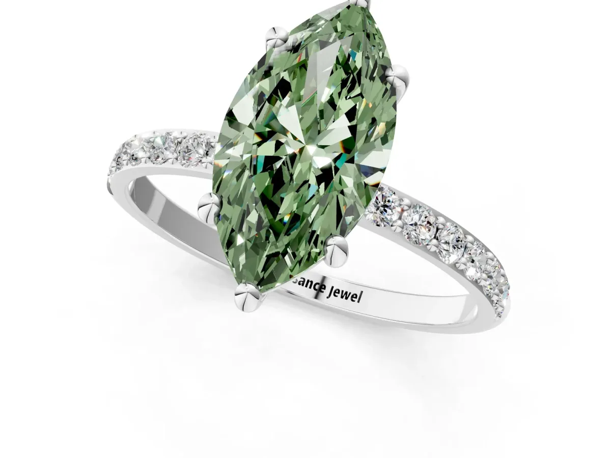 Fancy Green Marquise Cut Diamond Solitaire Ring with Round Pavé Band and Prong Setting Silver
